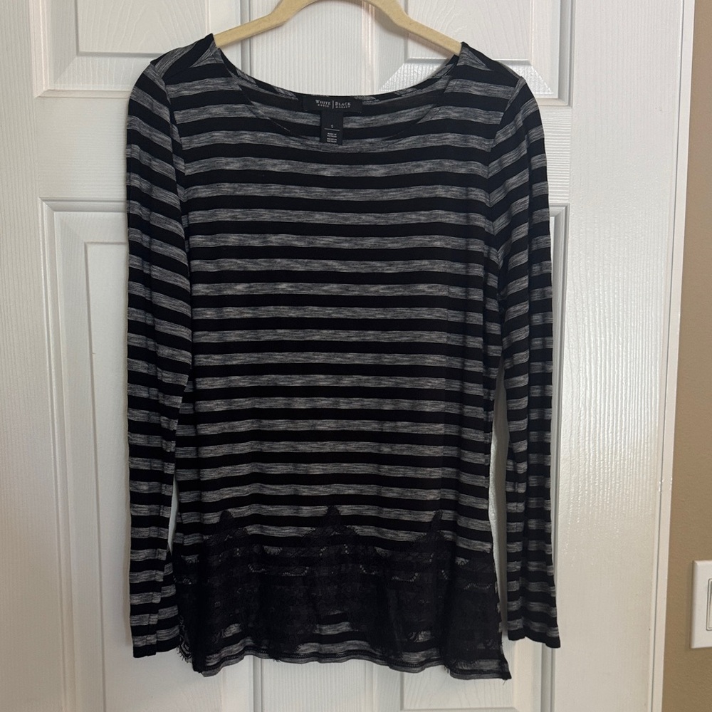 White House Black Market Black and Gray Striped Long Sleeve Top